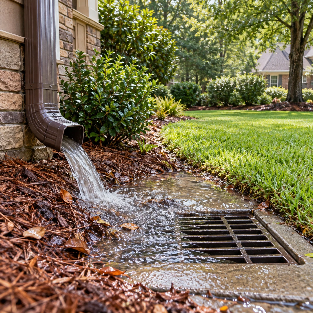 Downspout runoff collecting around a drain grate