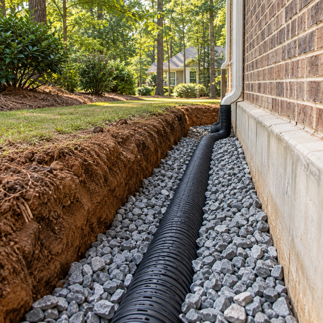 Drainage trench with pipe and gravel beside a foundation