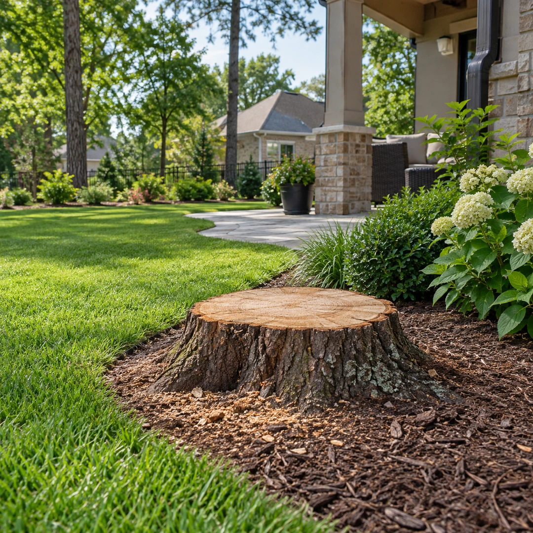 Low stump bordered by lawn and a planted bed