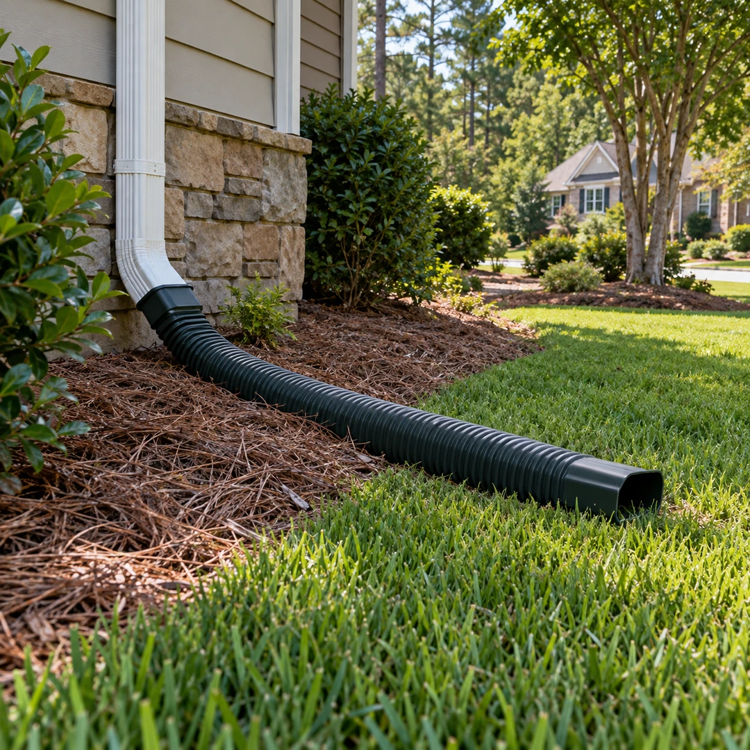 Downspout extension directing water toward a lawn edge