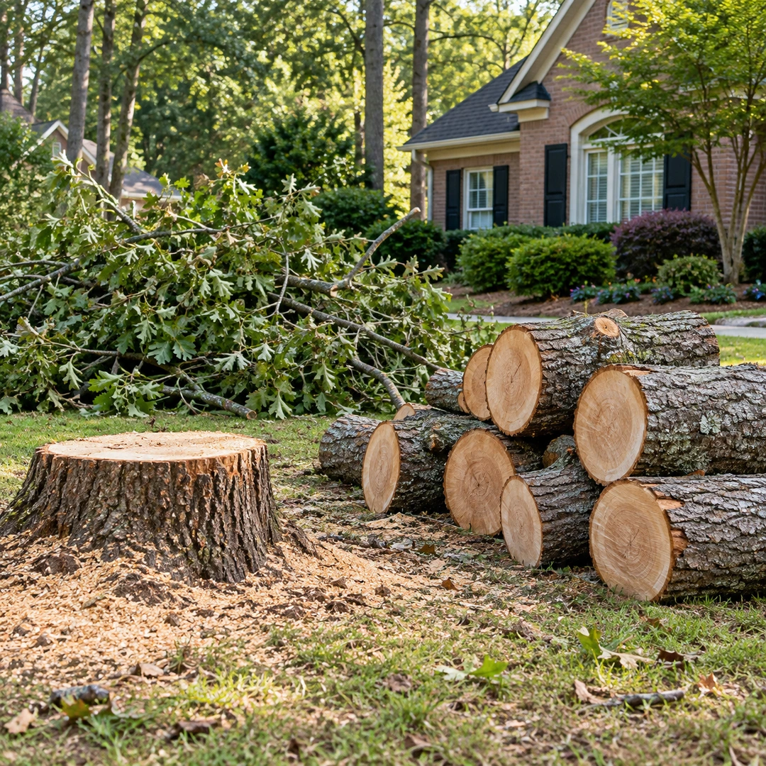 Cut trunk sections and branches beside a stump