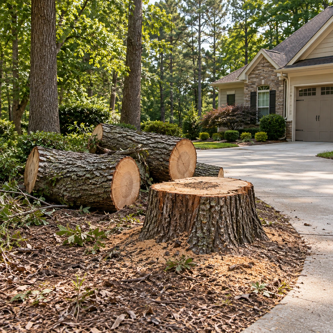 Remaining stump and cut logs beside a driveway