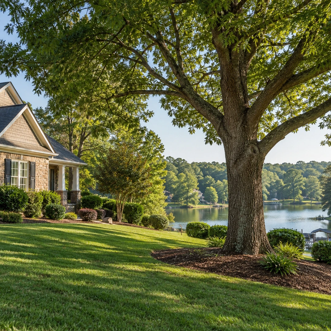 Mature shade tree beside a lawn near a lake