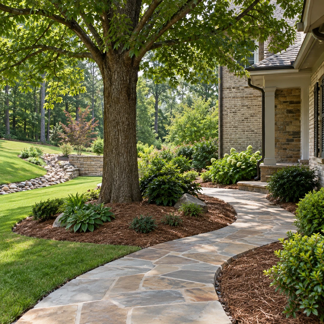 Clear stone path around a mature tree