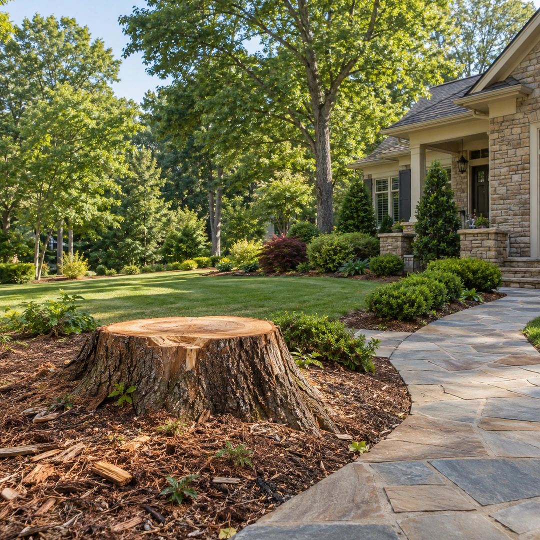 Tree stump beside a landscaped lawn and stone path