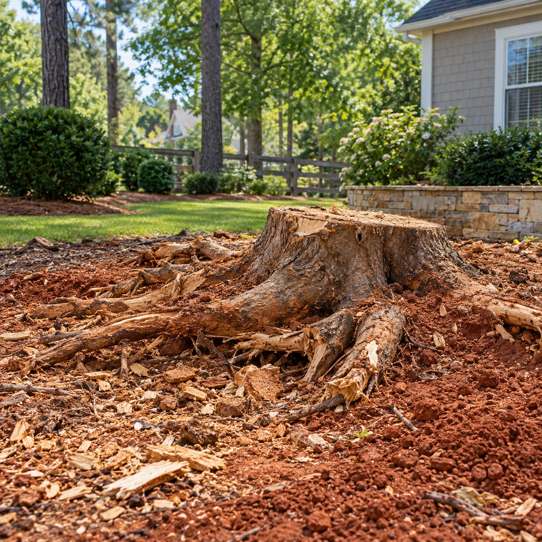 Exposed stump roots with wood chips and clay soil