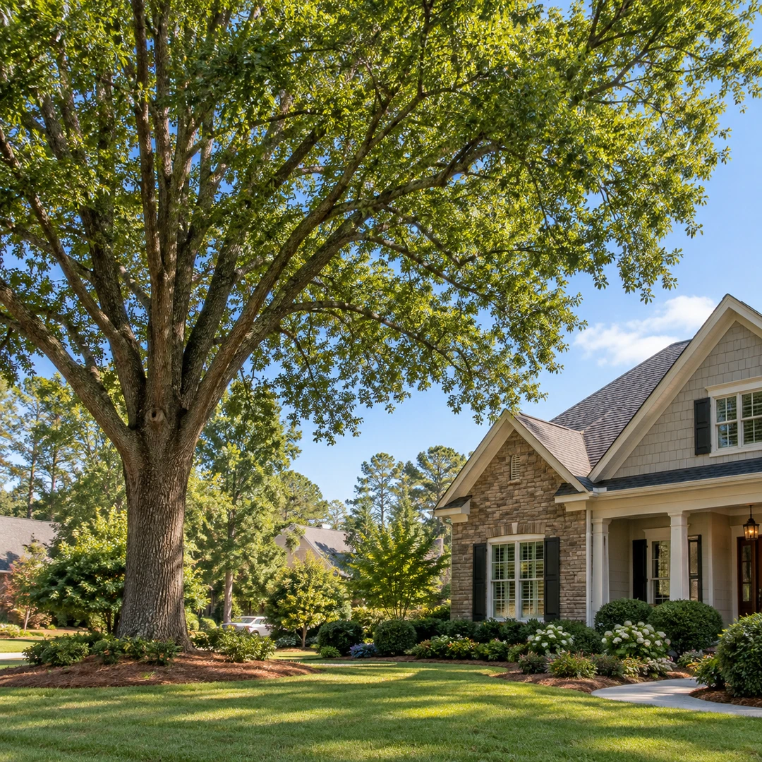 Mature tree canopy beside a house and lawn