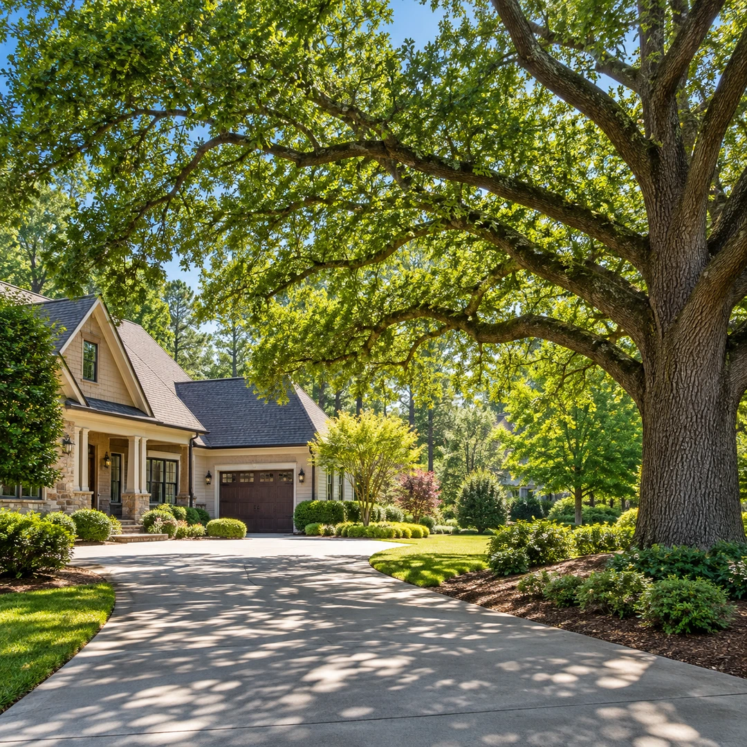 Intact leafy branches above a residential driveway