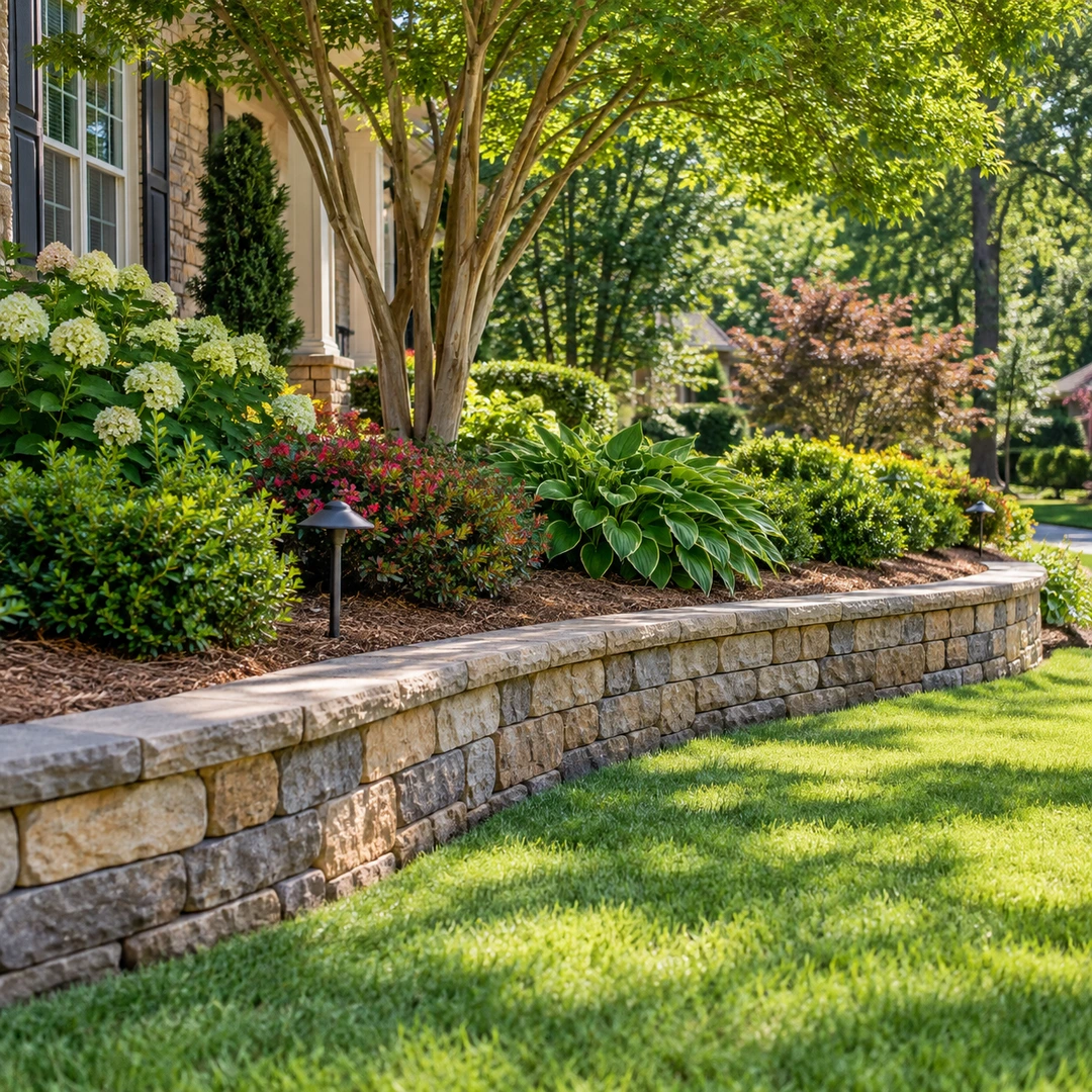 Low curved wall supporting a planted garden bed