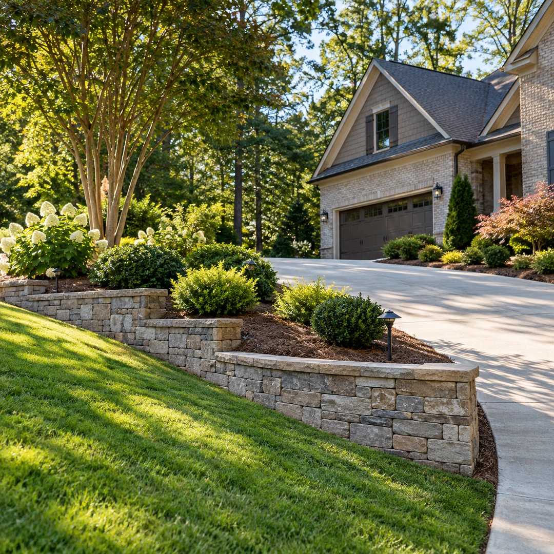 Landscape wall beside a sloped lawn and driveway