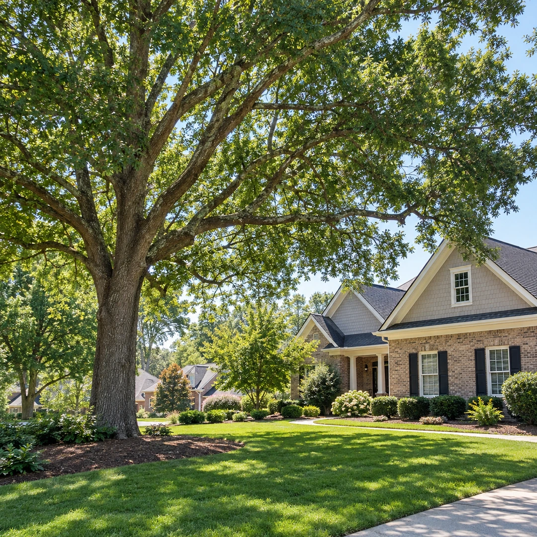 Full tree canopy beside a house and yard
