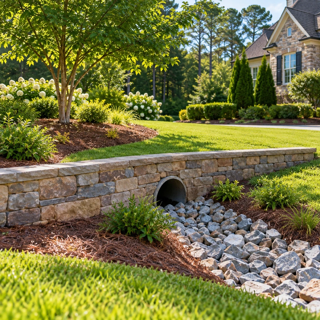 Finished wall with a stone protected drainage outlet