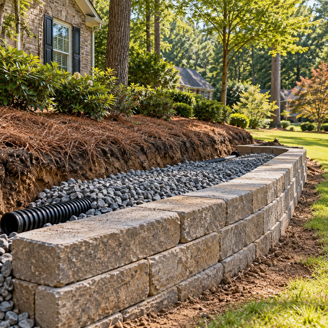Partially built wall with gravel backfill and drain pipe