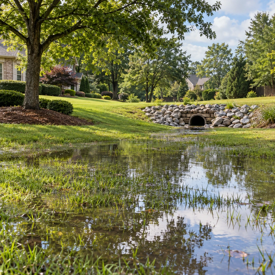 Standing water in a low lawn near a drainage outlet
