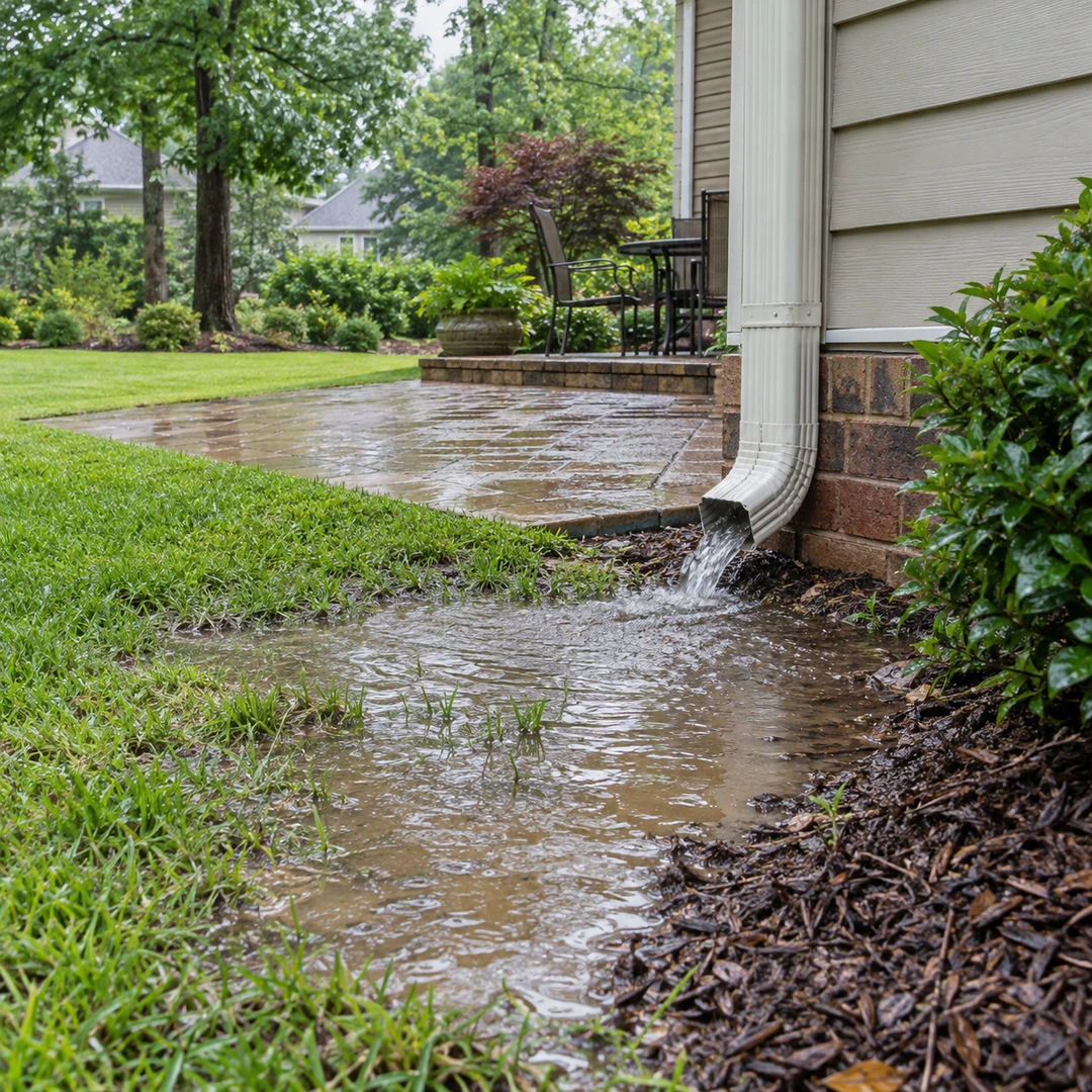 Downspout runoff pooling beside a patio and lawn