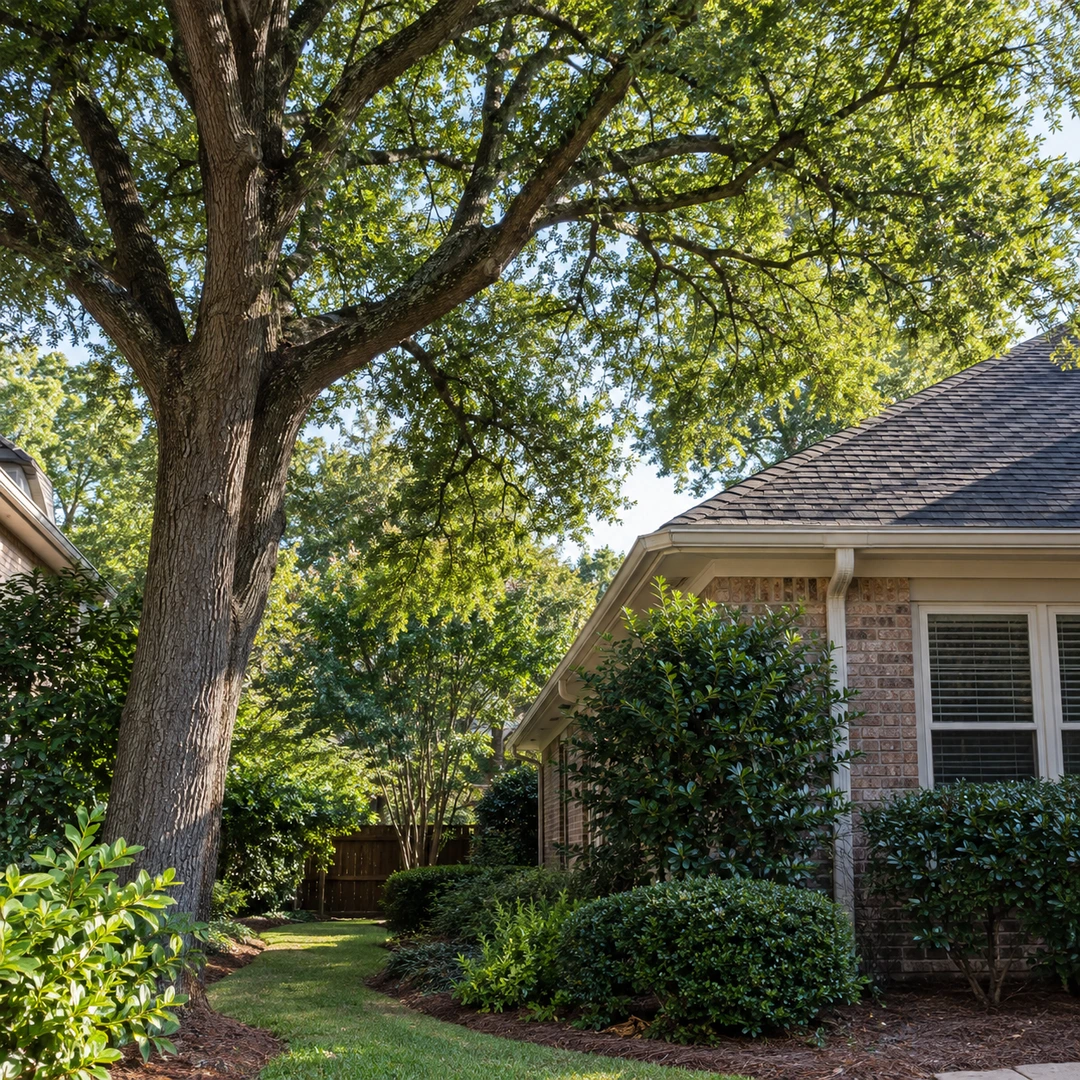 Mature tree beside a roof and planted side yard
