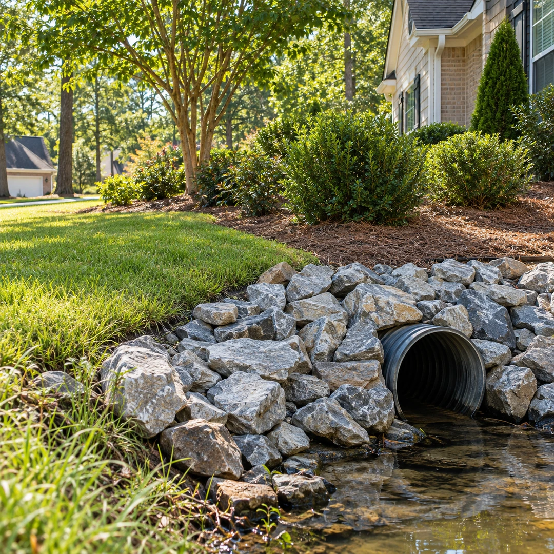 Stone protected drain outlet beside a lawn