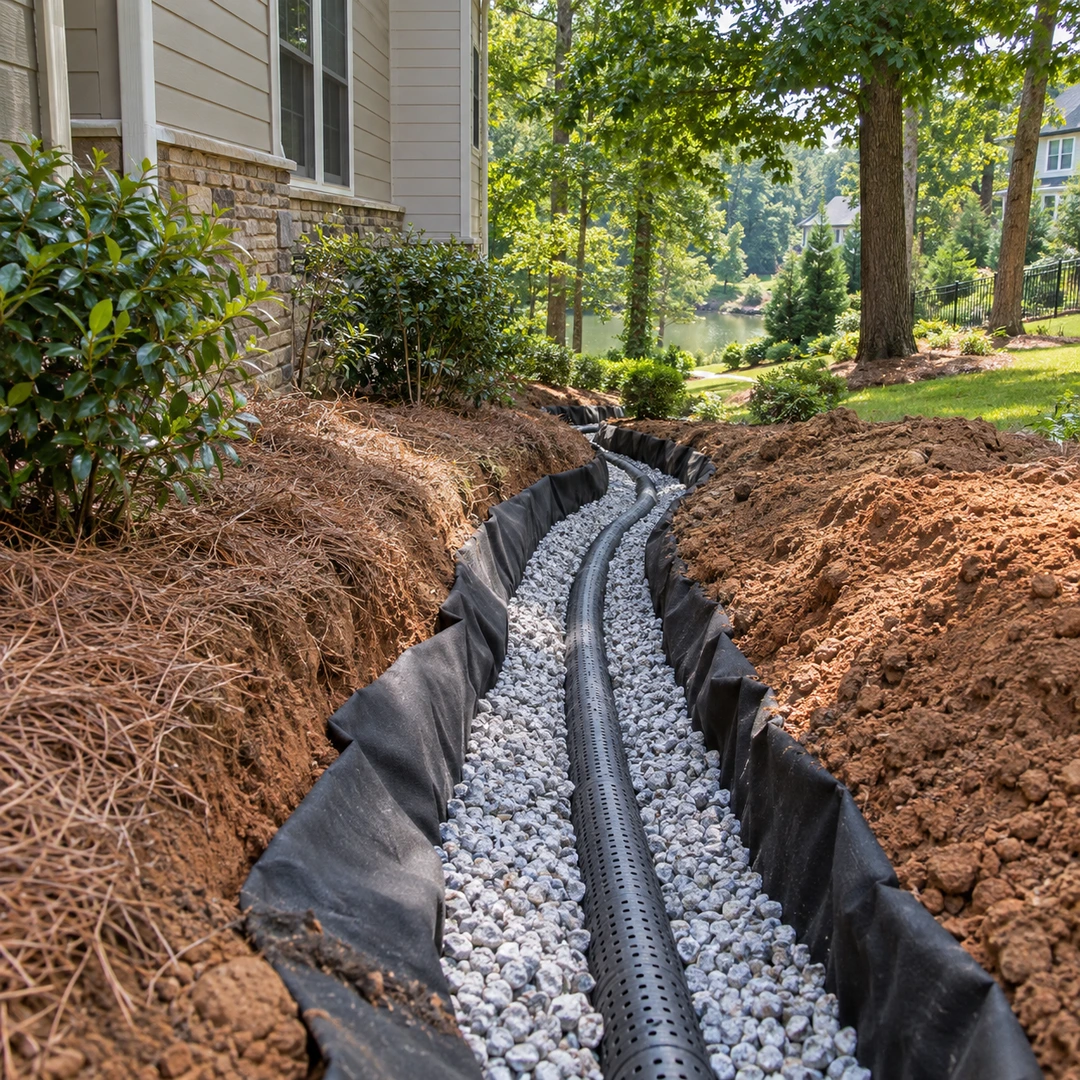 French drain trench with fabric, gravel and pipe