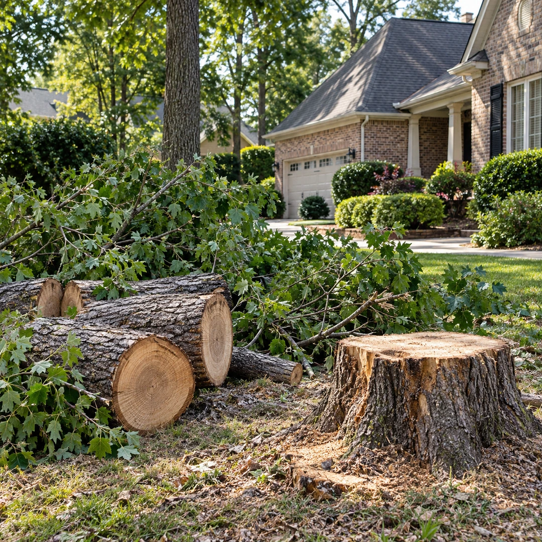 Cut logs and branches beside a remaining stump