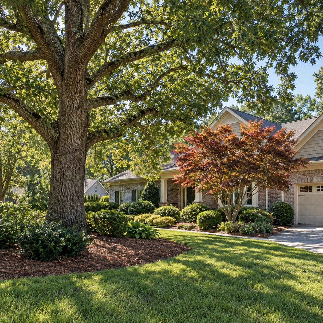 Large shade tree beside a smaller ornamental tree