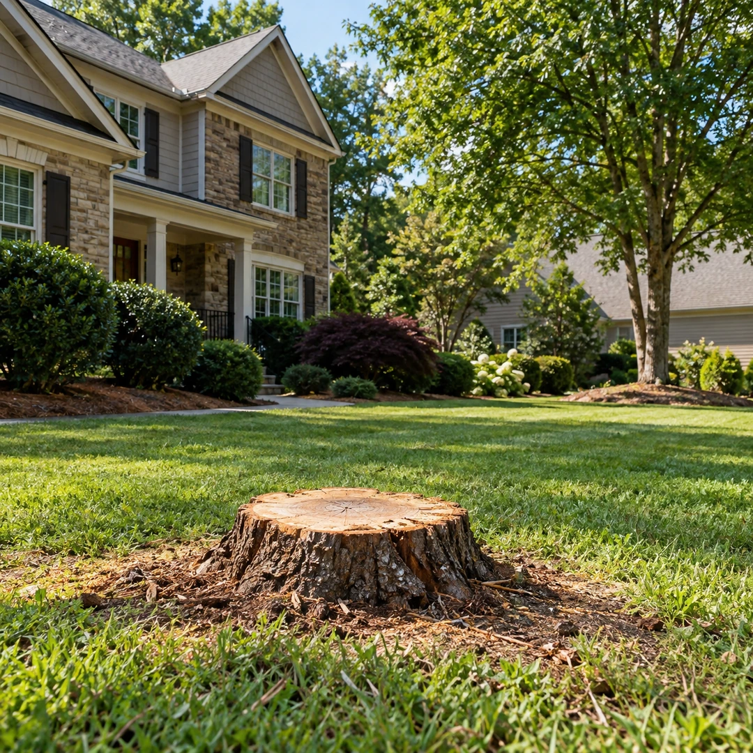 Small stump in a cleared lawn area
