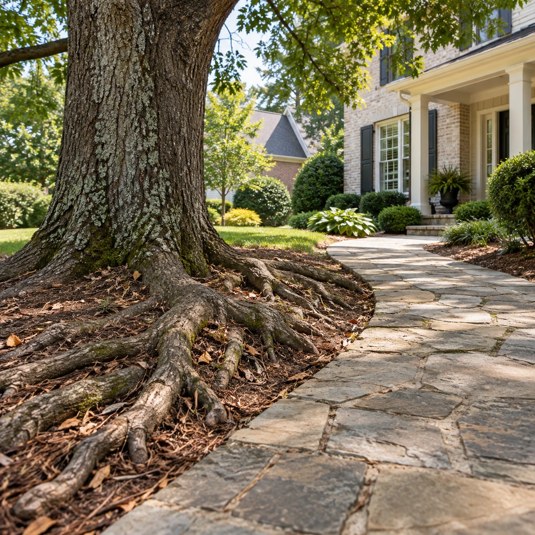 Surface tree roots beside an empty stone walkway