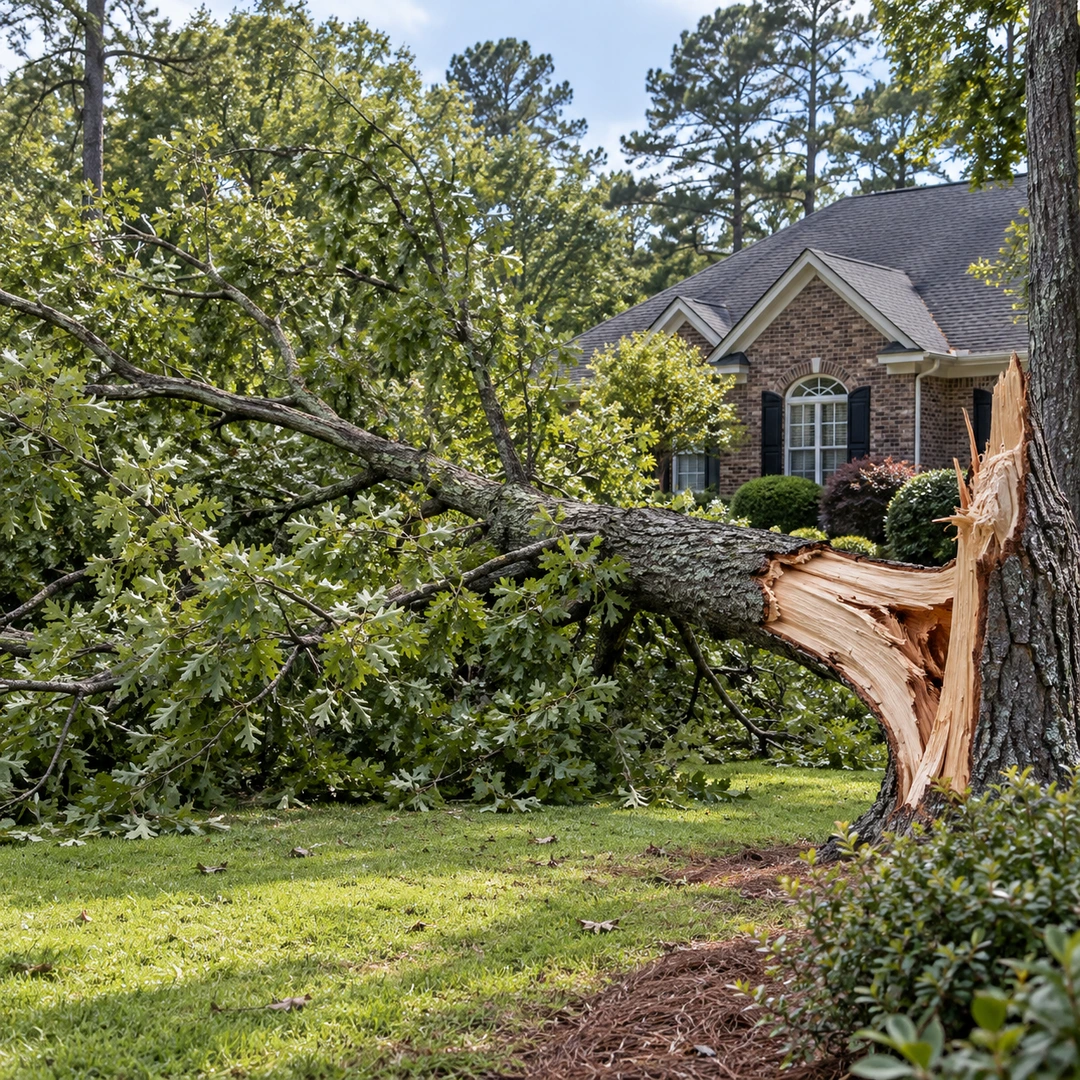 Storm broken tree and fallen leafy branches