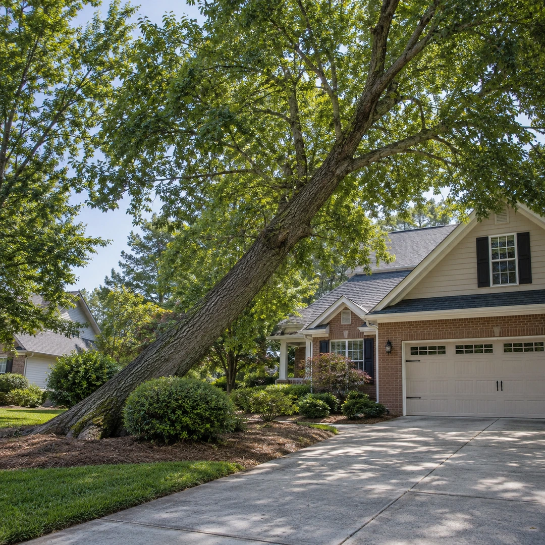 Leaning tree beside an empty driveway