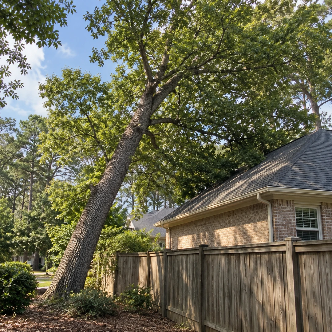 Angled tree beside a fence and residential roof