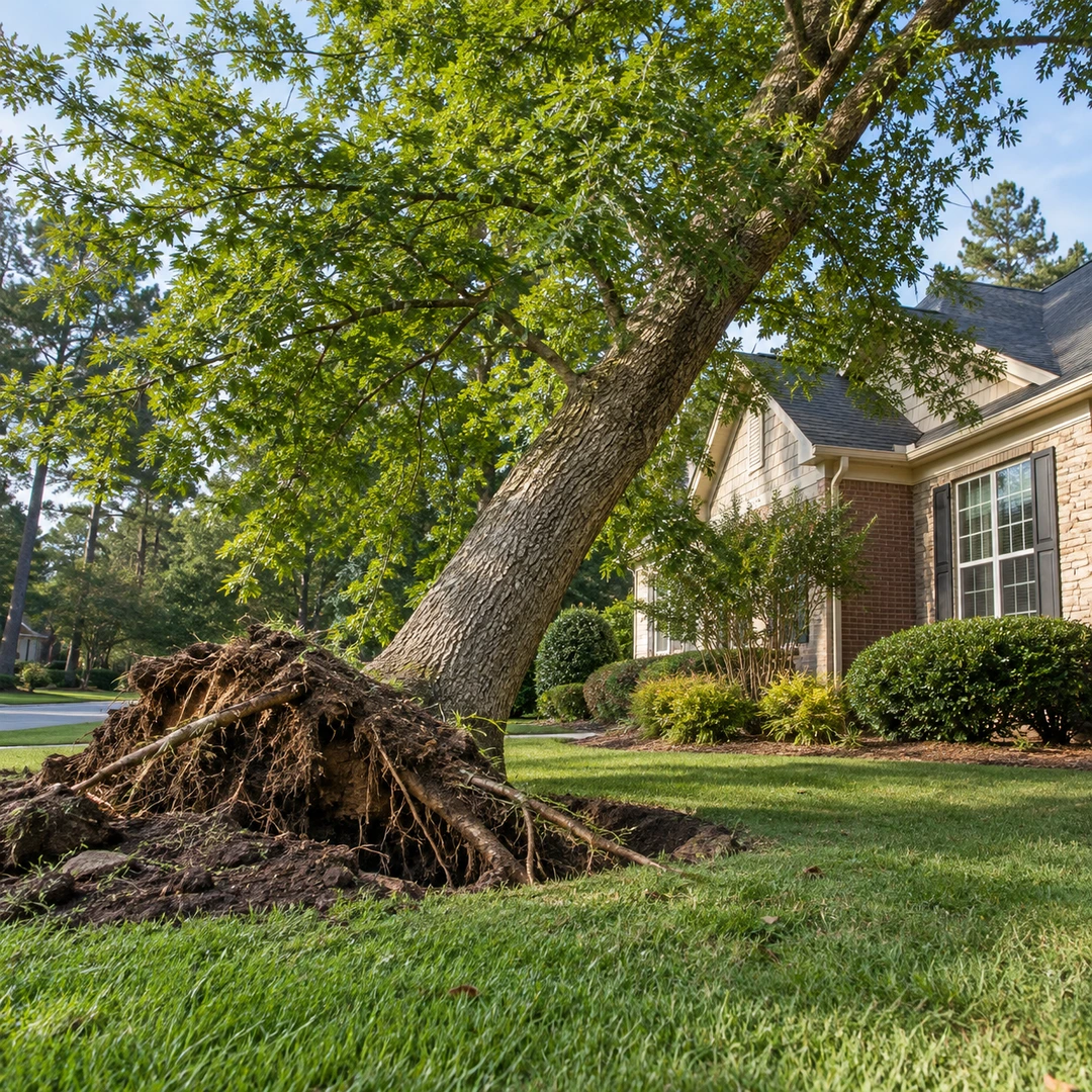 Leaning trunk with exposed roots in a lawn
