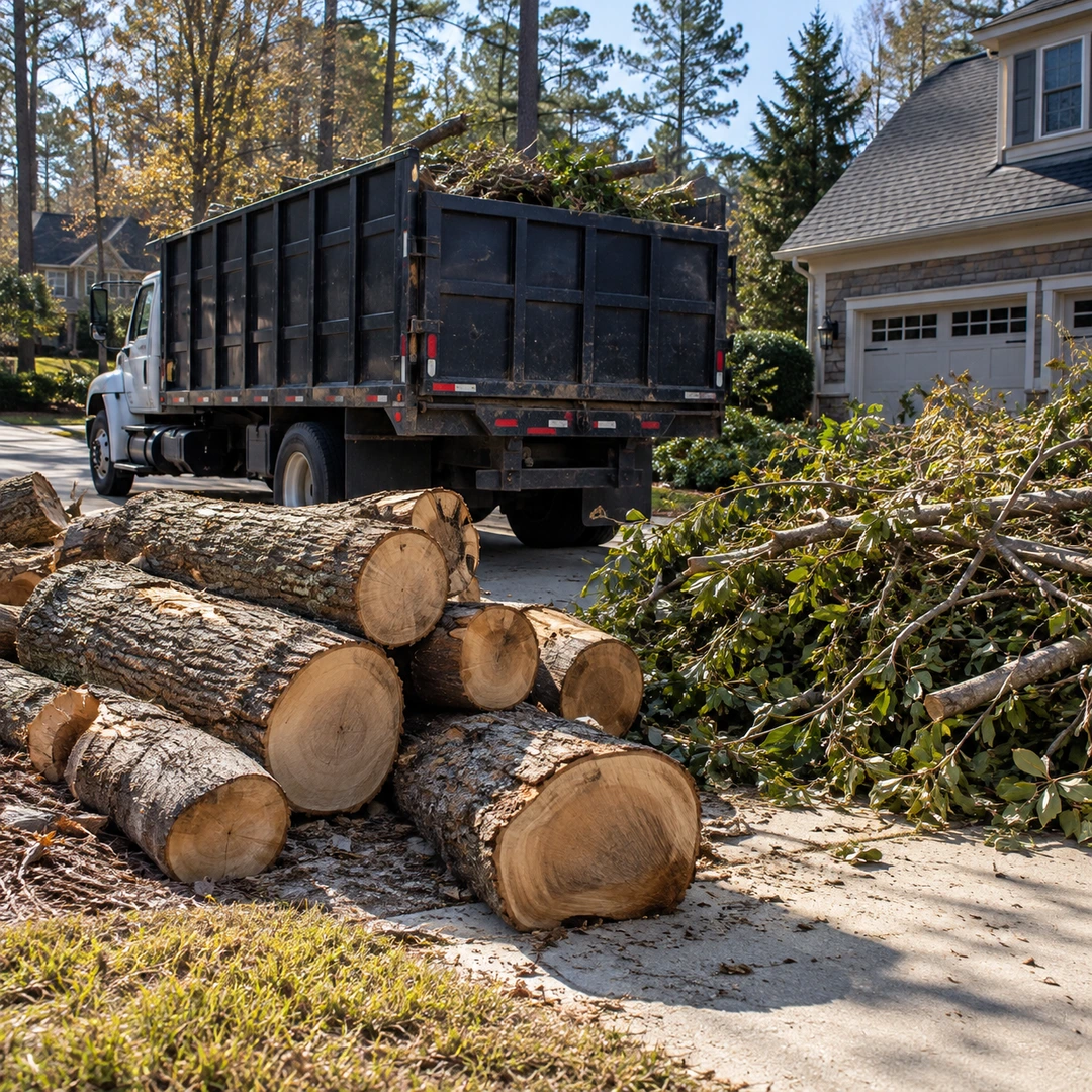 Cut logs and branches beside a haul truck