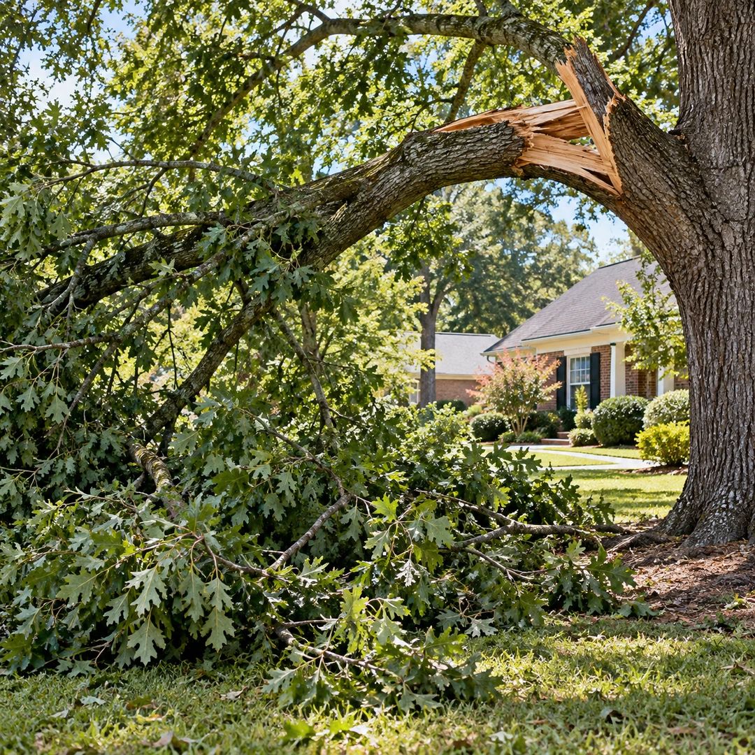 Fallen leafy branches beneath a damaged tree