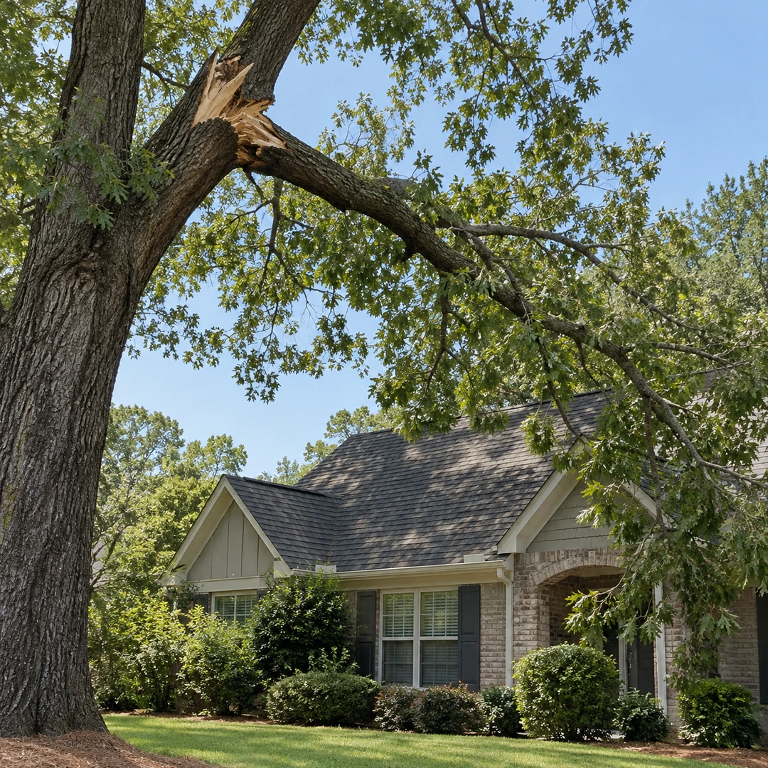 Broken branch above an empty residential roof and lawn