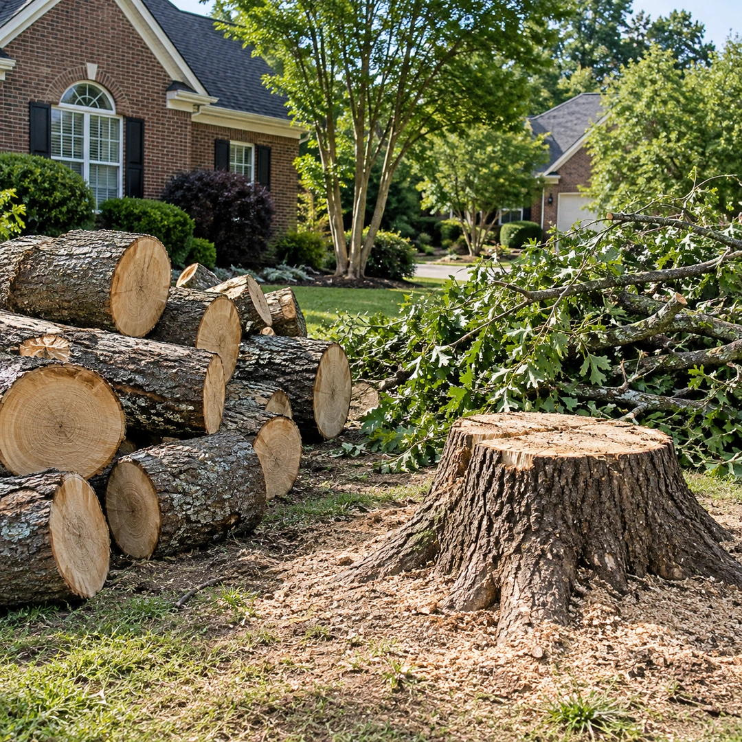 Cut trunk sections and branches beside a stump