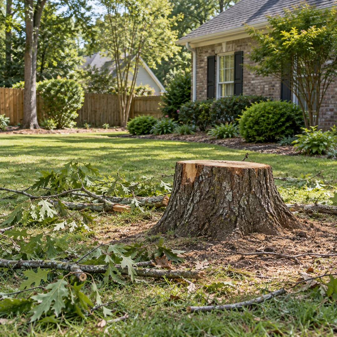 Remaining stump with scattered branches in a yard