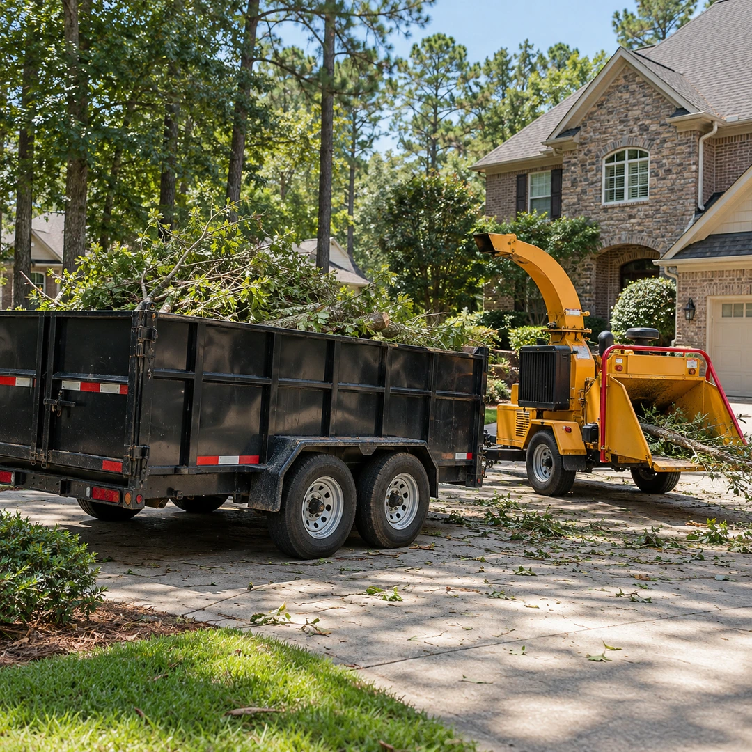 Debris trailer and wood chipper on a driveway