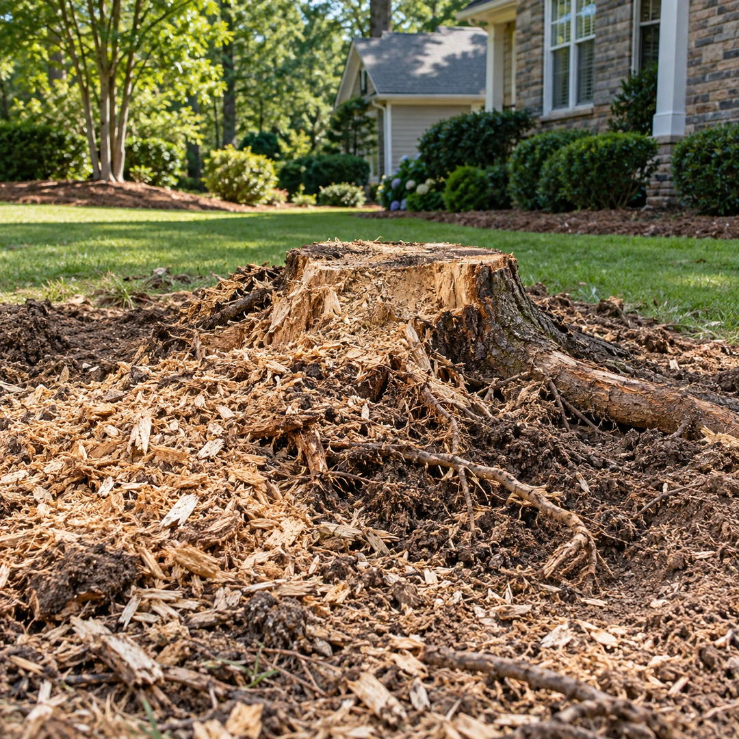 Wood chips and loose roots after stump grinding