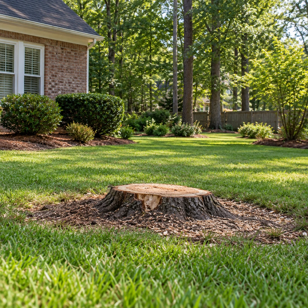 Cleared tree work area with a low remaining stump