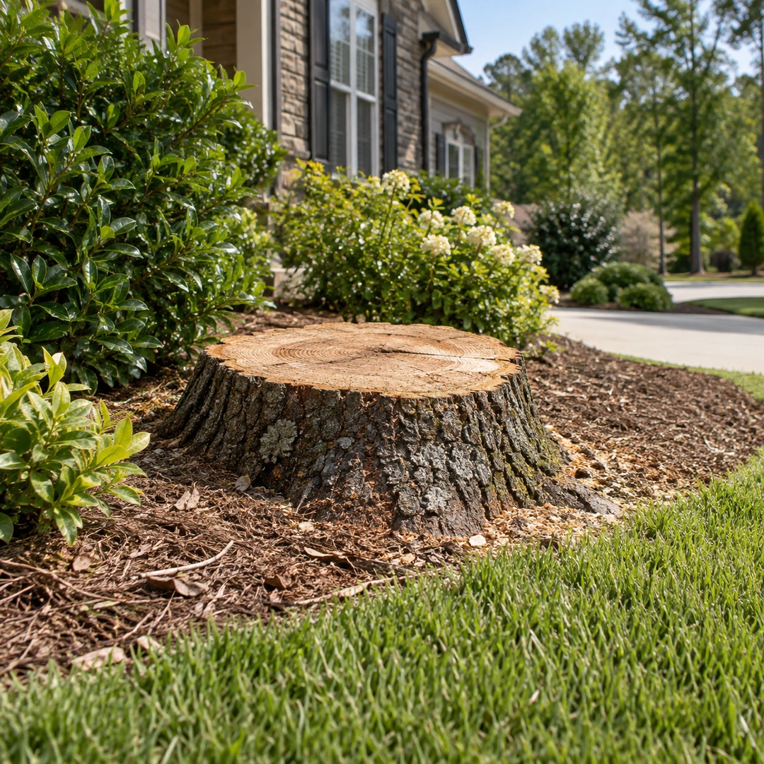Low stump bordered by lawn and plants