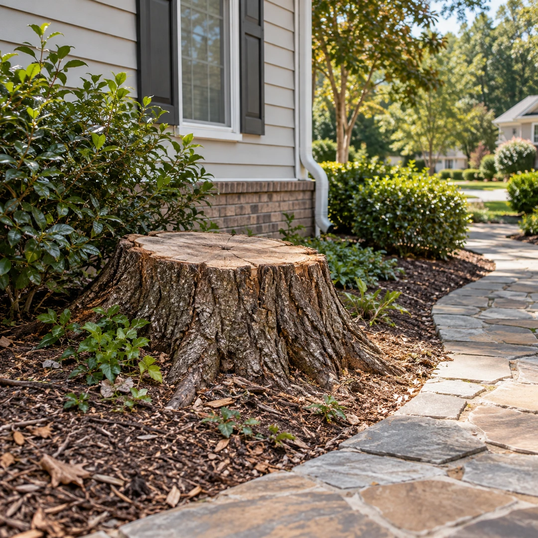 Stump beside a house and clear stone path