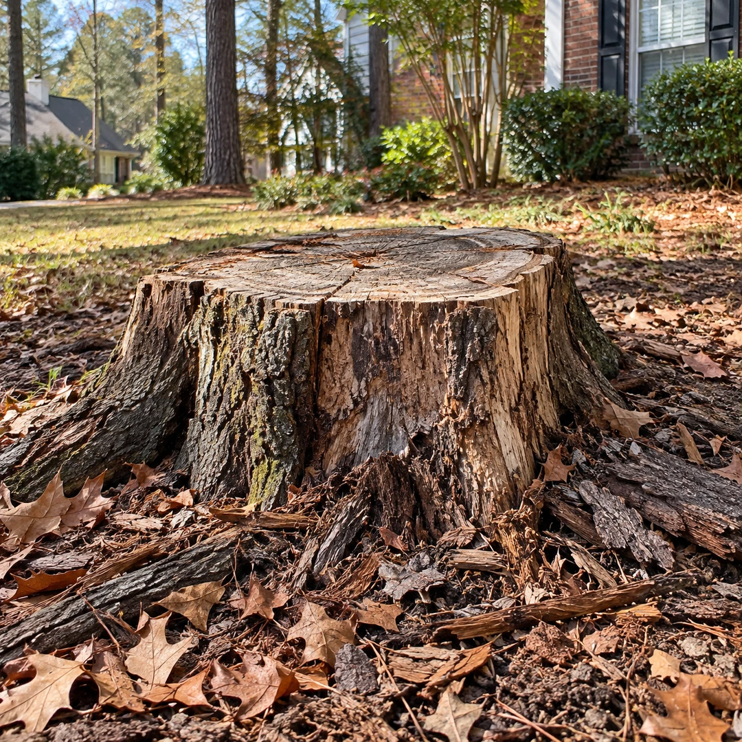 Weathered stump with loose bark and fallen leaves