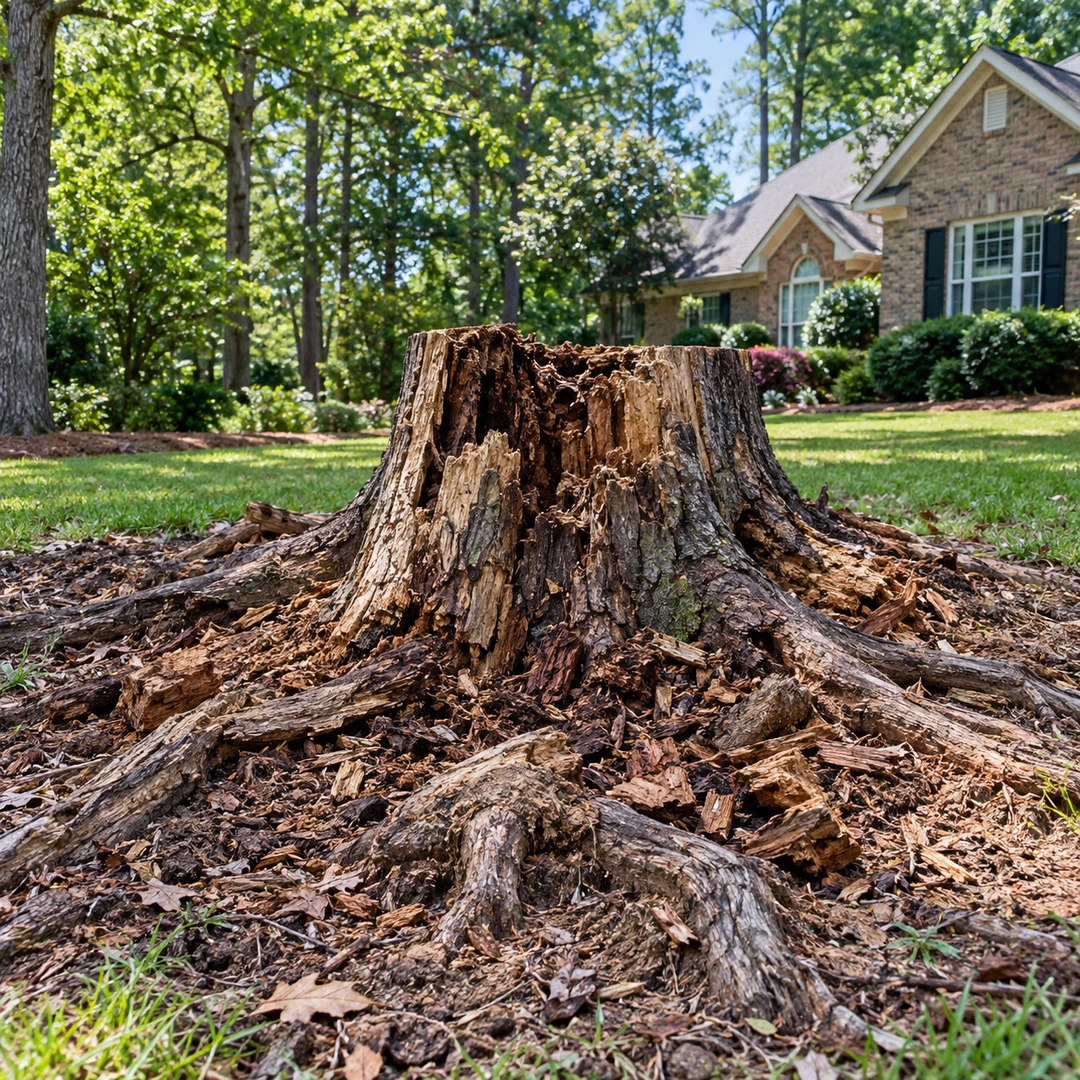 Decaying stump surrounded by loose bark and exposed roots
