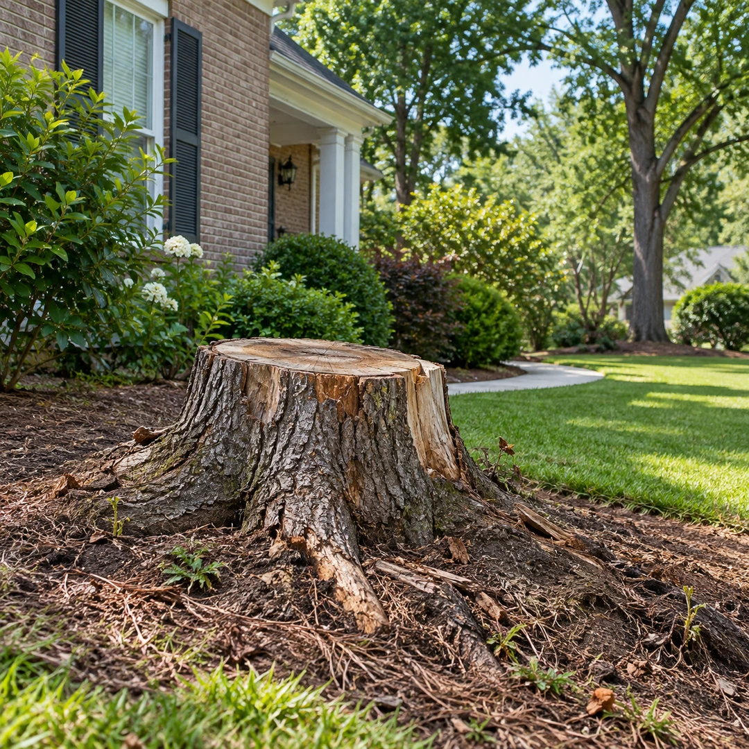 Old stump beside a house and landscaped lawn