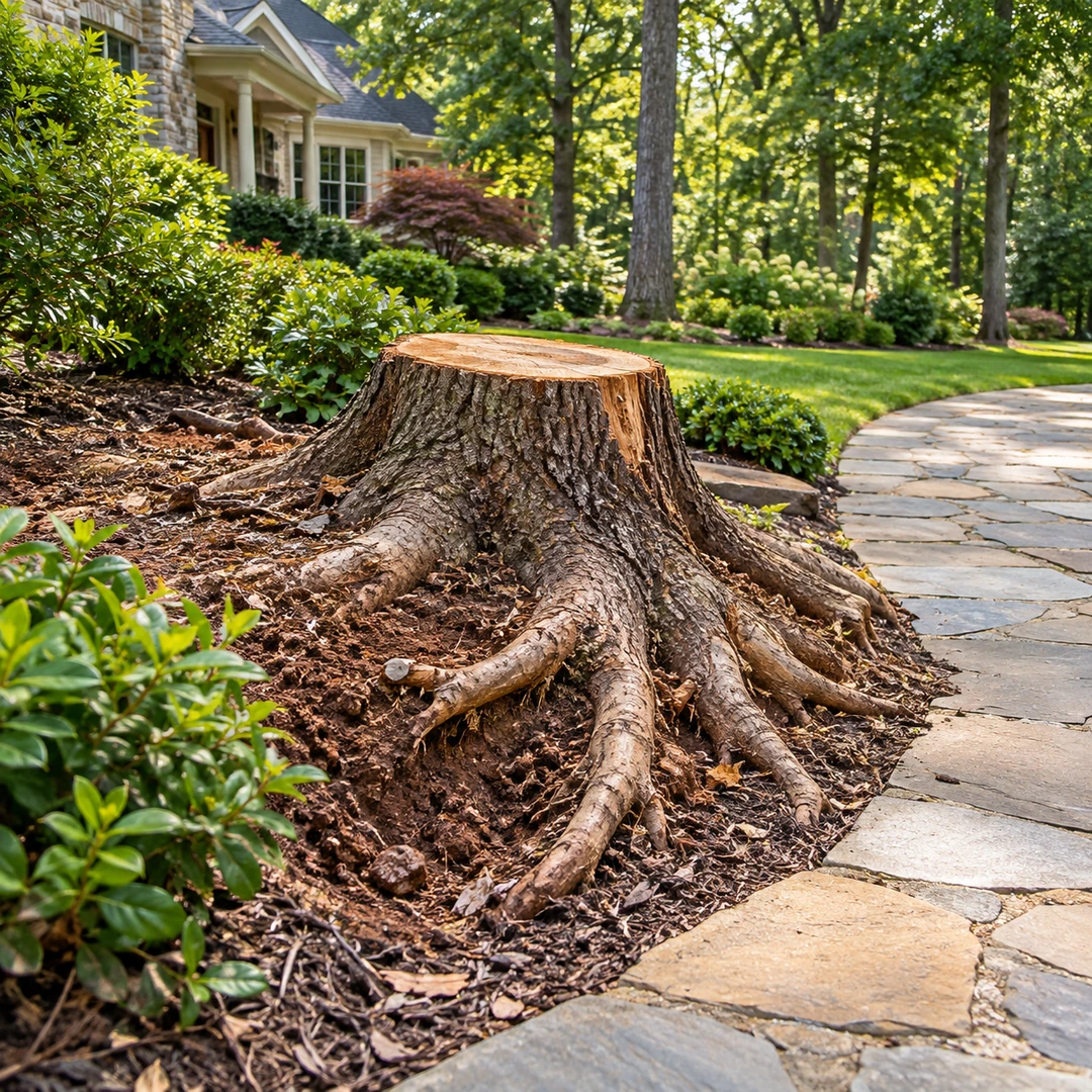 Stump and exposed roots beside a stone walkway