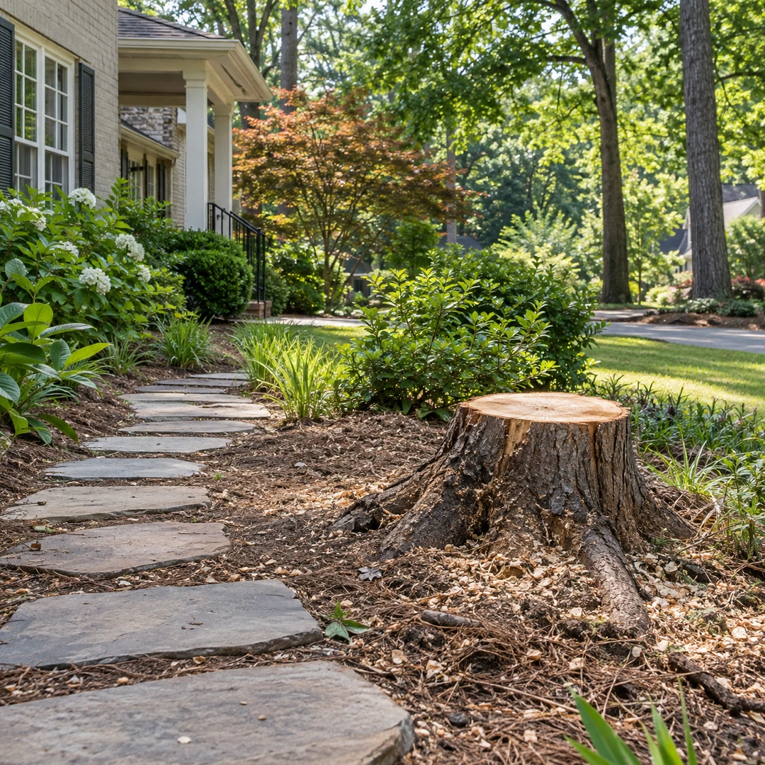 Stump beside a residential stepping stone path