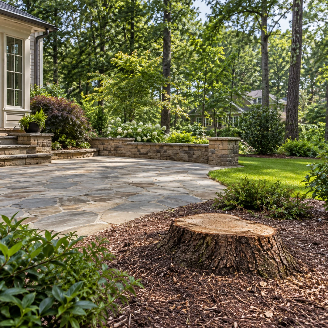 Low stump beside a stone patio