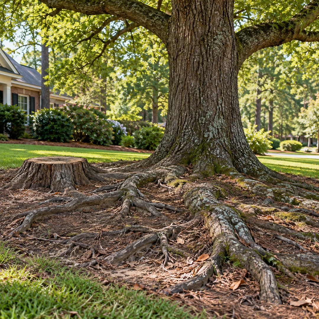 Exposed surface roots beneath a mature shade tree