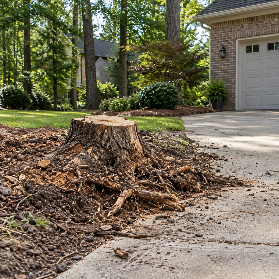 Stump and root fragments near a driveway