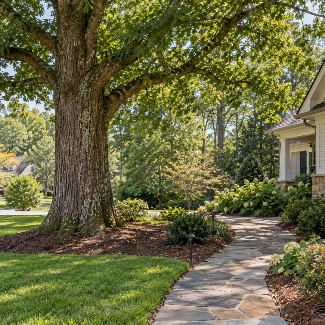 Mature tree beside a clear stone path and planted bed