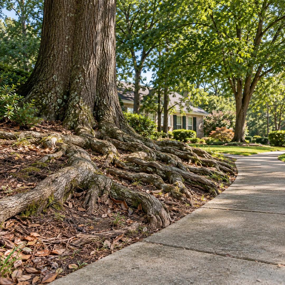 Surface roots bordering a concrete walkway